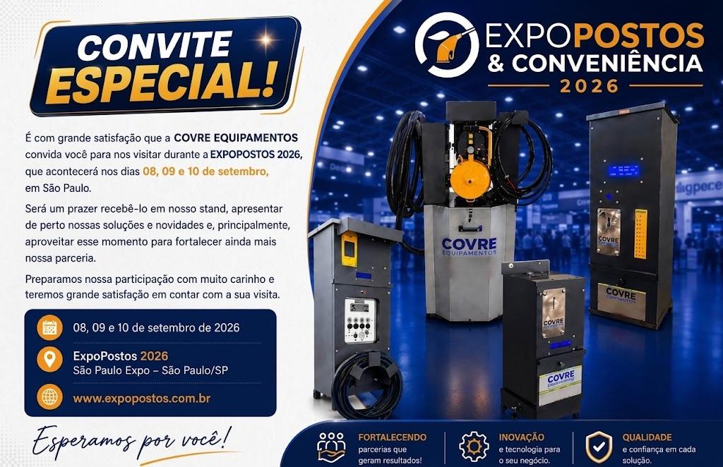 Convite especial da Covre Equipamentos para a ExpoPostos 2026, nos dias 08, 09 e 10 de setembro
